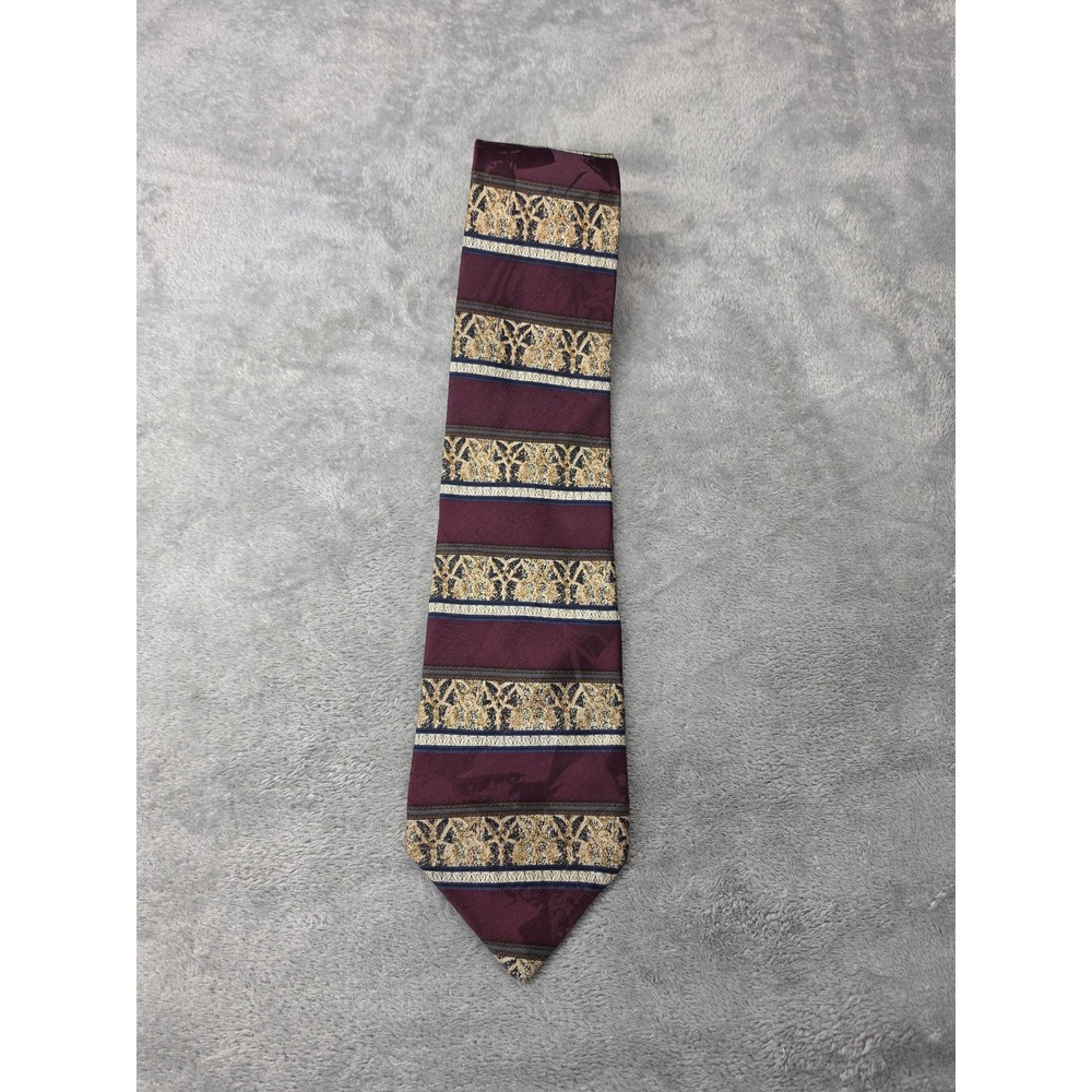 Raphael Roma Milano Mens Silk Tie‎ Burgundy Gold Striped Baroque Pattern Italian